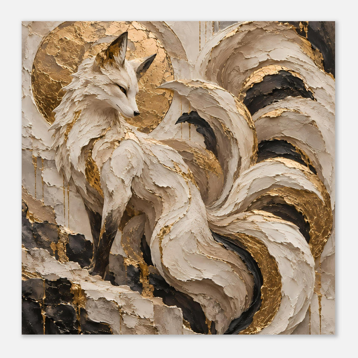 Kunstposter mit Fuchs-Motiv, zentrierter Ausschnitt; creme, Gold und dunkle Farbflächen mit Struktur
