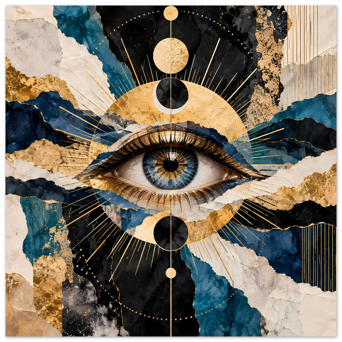Kunstposter mit Auge-Motiv, goldene Akzente, abstrakte Texturen in Blau und Beige