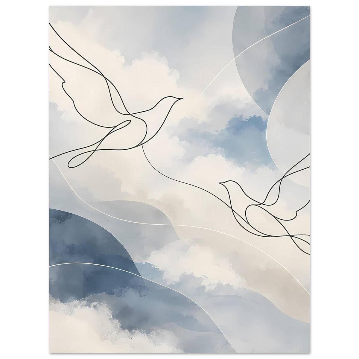 Vertikaler Poster-Kunstdruck mit Friedenstauben, Wolken und sanften Blauflächen