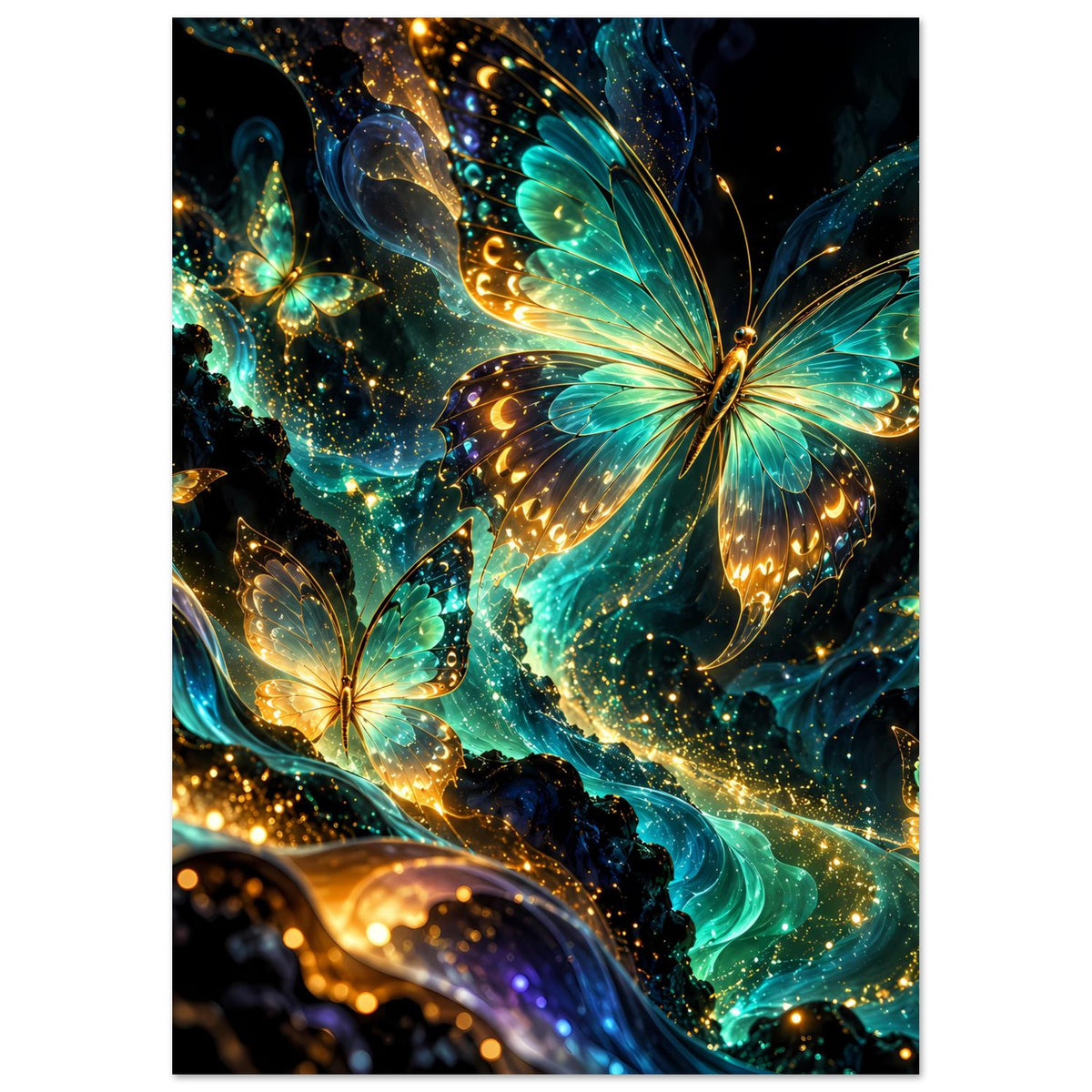 Poster im Hochformat: zentraler Schmetterling mit leuchtenden Flügeln in Türkisblau und Gold