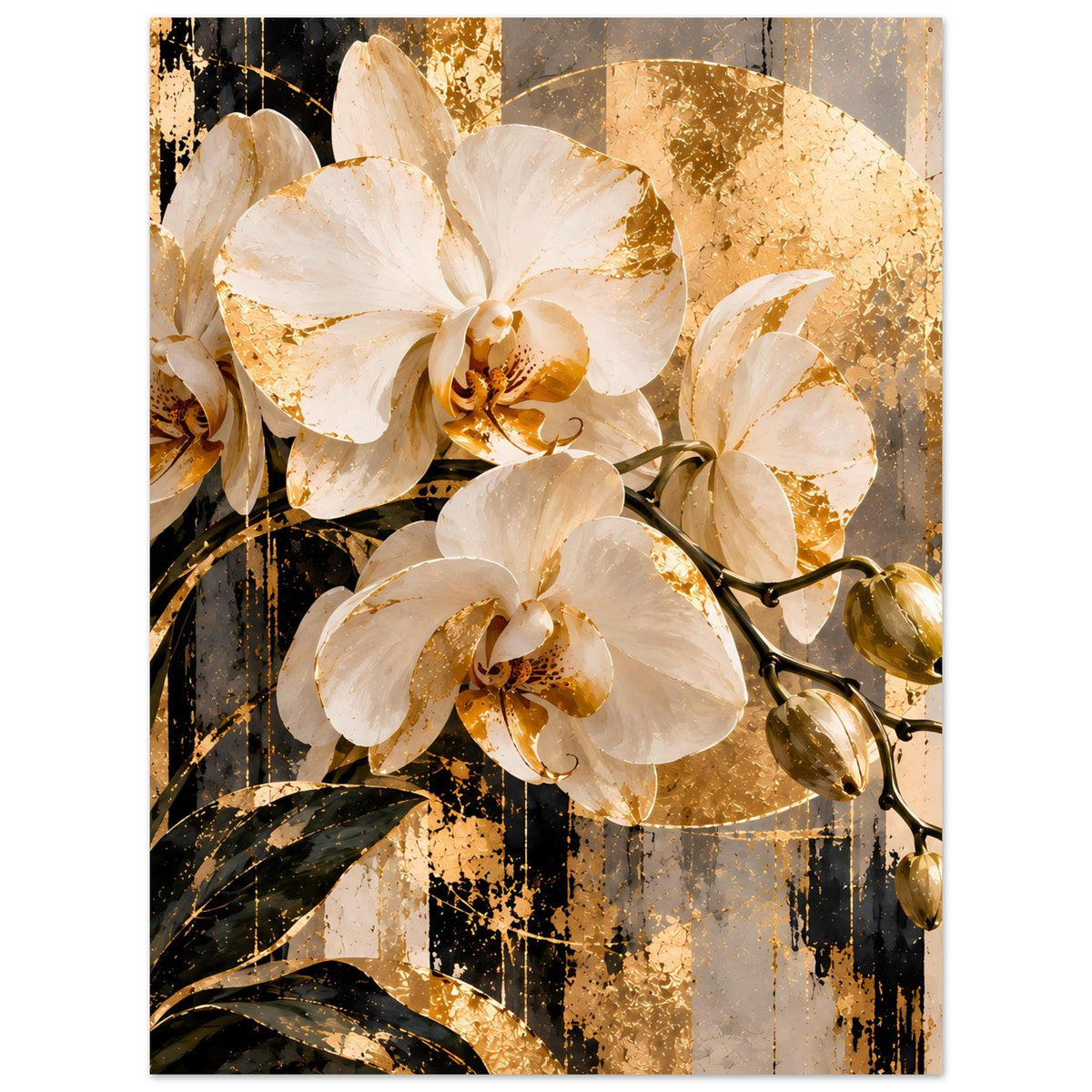 Blumenposter mit weißen Orchideen, goldener Schimmeroptik und abstraktem Hintergund.