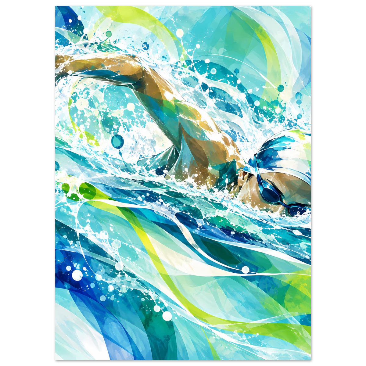 Hochformat-Poster mit abstrakter Schwimmer-Szene in Blaugrün, sprühende Wasserpunkte