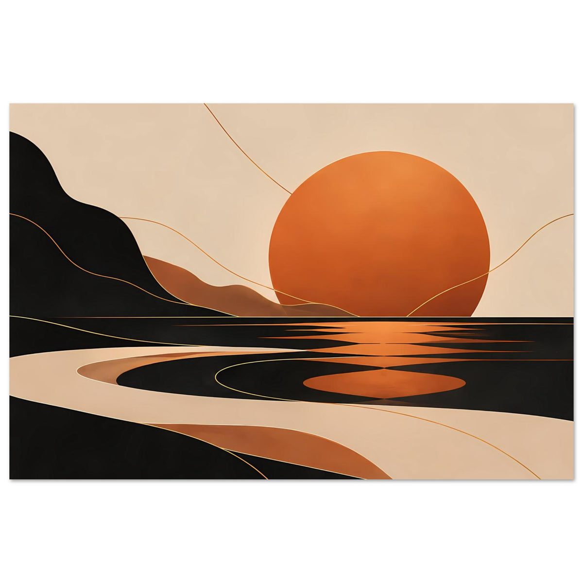 Kunstposter im Querformat mit geometrischer Landschaft: große Sonne, schwarze Wellen und Erdtöne