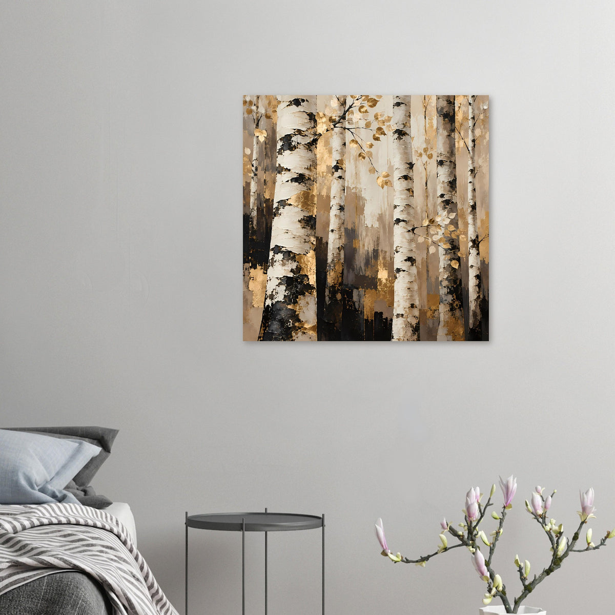Wandposter Birkenwald: goldene Zweige mit Blättern, helle Stämme, braun-graue Flächen