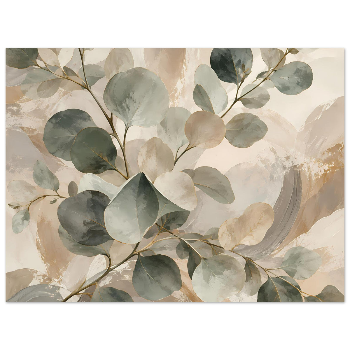 Botanisches Poster mit Eukalyptus-Optik und Aquarellblättern, Salbeigrün/Beige, horizontal