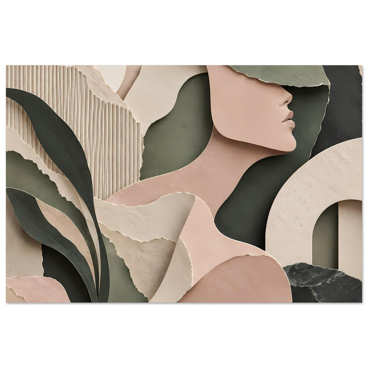 Abstraktes Frauenkunst-Poster mit Frauenprofil, Blattmotiv und marmorierten Akzenten in Beige, Grün und Dunkelgrau.
