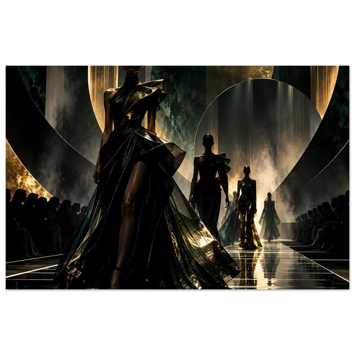 Poster mit Laufsteg-Szene: Frau in dunklem Kleid, goldene Akzente, mehrere Silhouetten.
