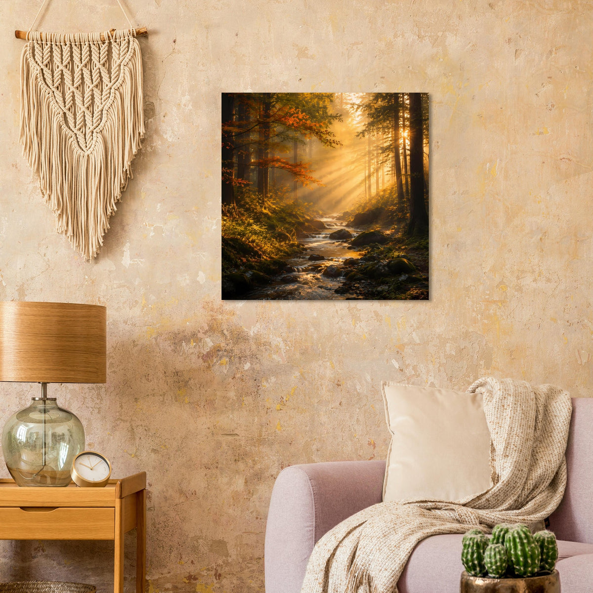Quadratisches Poster: Waldweg im Sonnenaufgang, goldbraunes Licht und dunkle Baumreihen