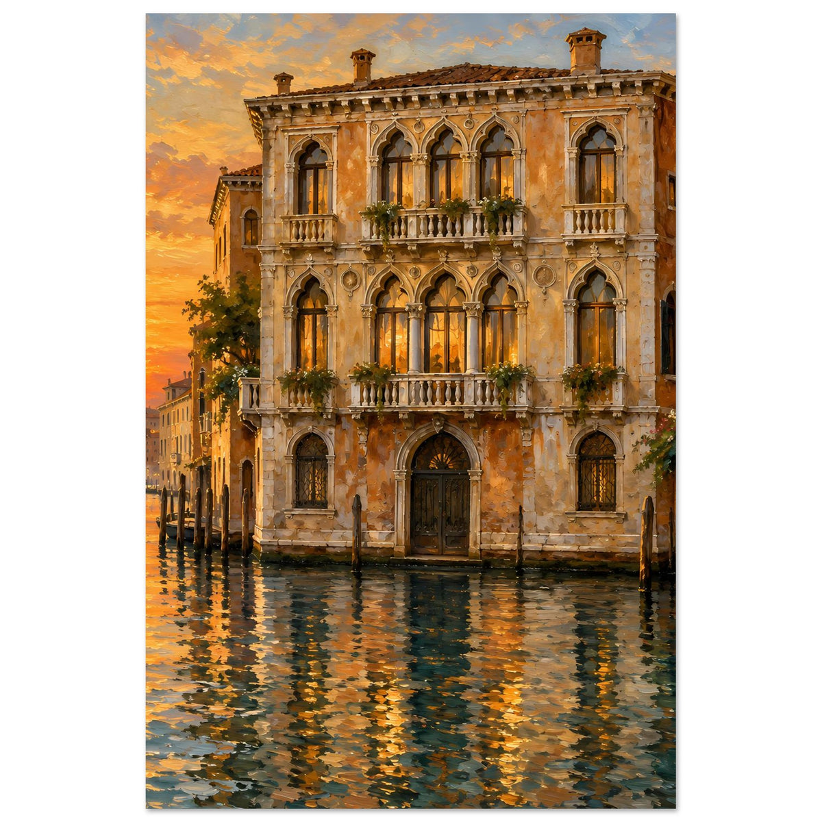 Vertikales Wandposter mit venezianischer Palastfassade und Sonnenuntergang am Kanal