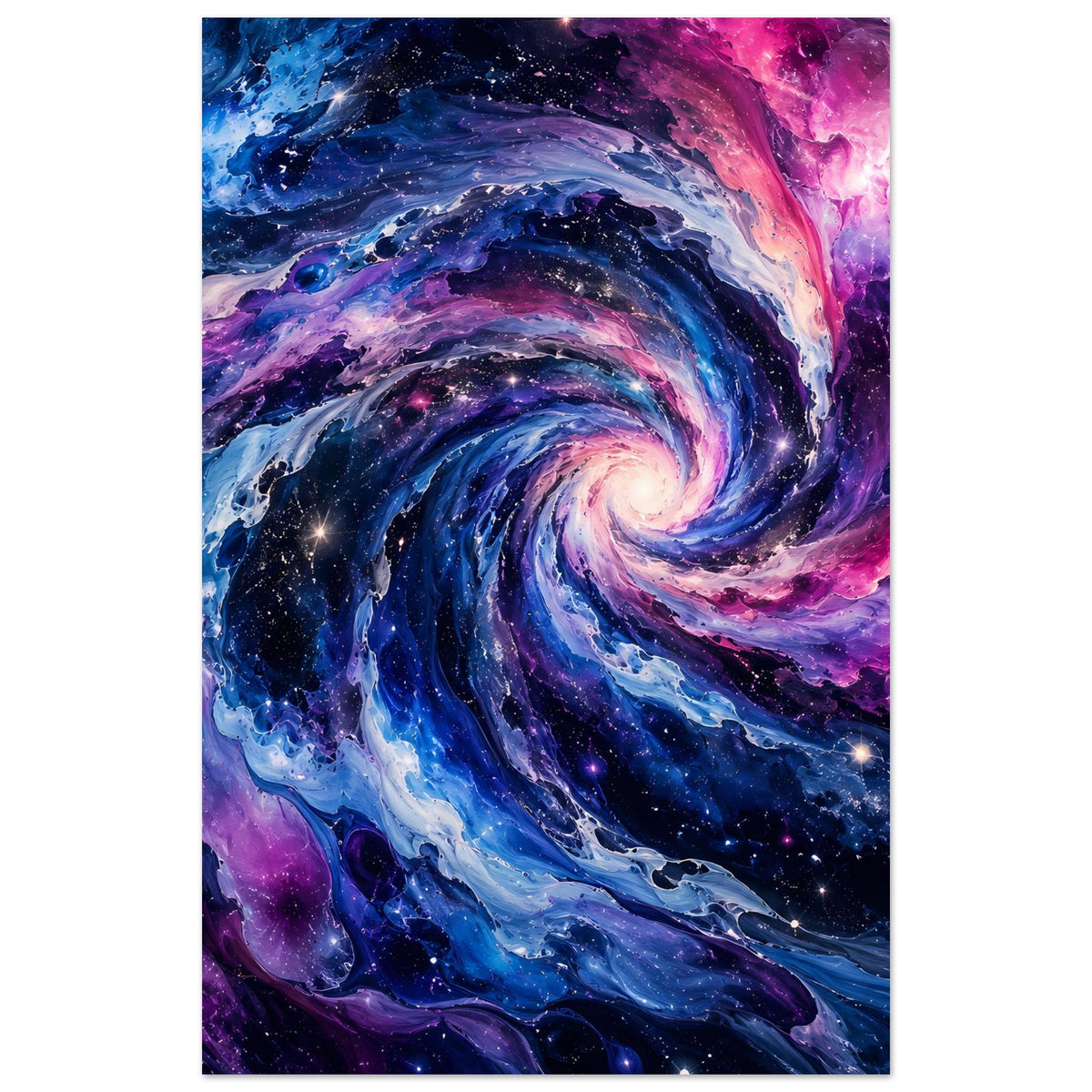 Vertikales Poster mit Spiralgalaxie und Sternen in Blau, Purpur und Rosatönen