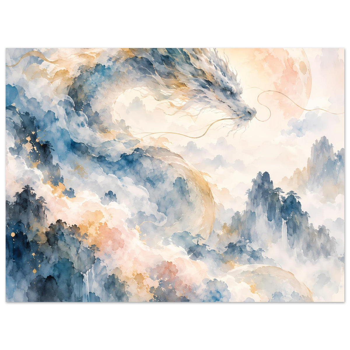 Aquarellposter im Querformat mit Drachenkopf, Flügeln und nebligen Bergkonturen