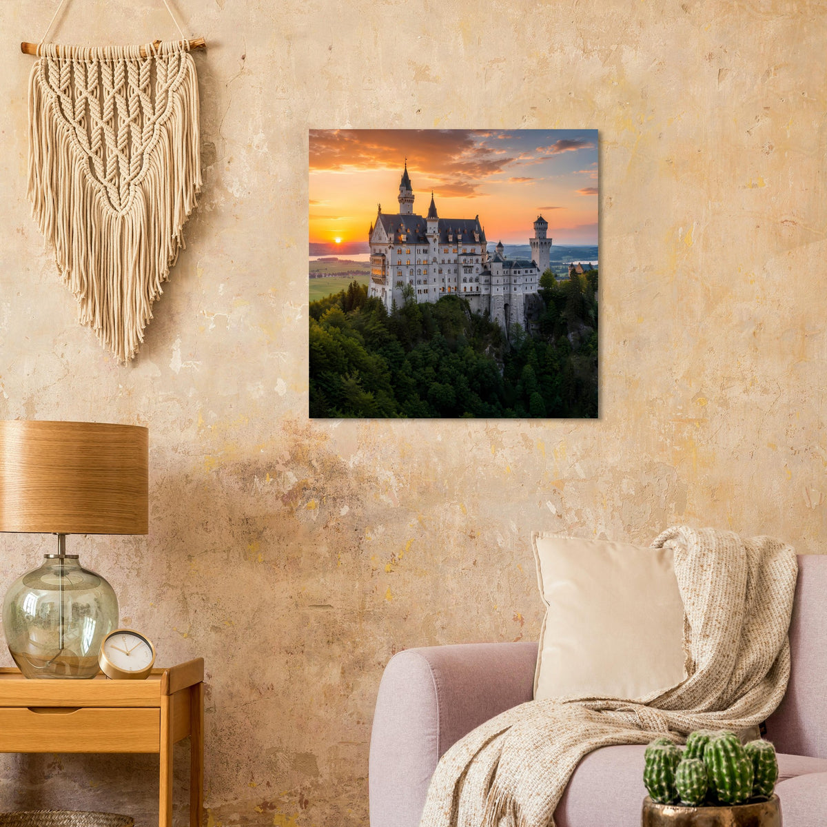 Poster mit Schloss auf bewachsenem Hügel bei Sonnenuntergang, rechteckig an Wand.