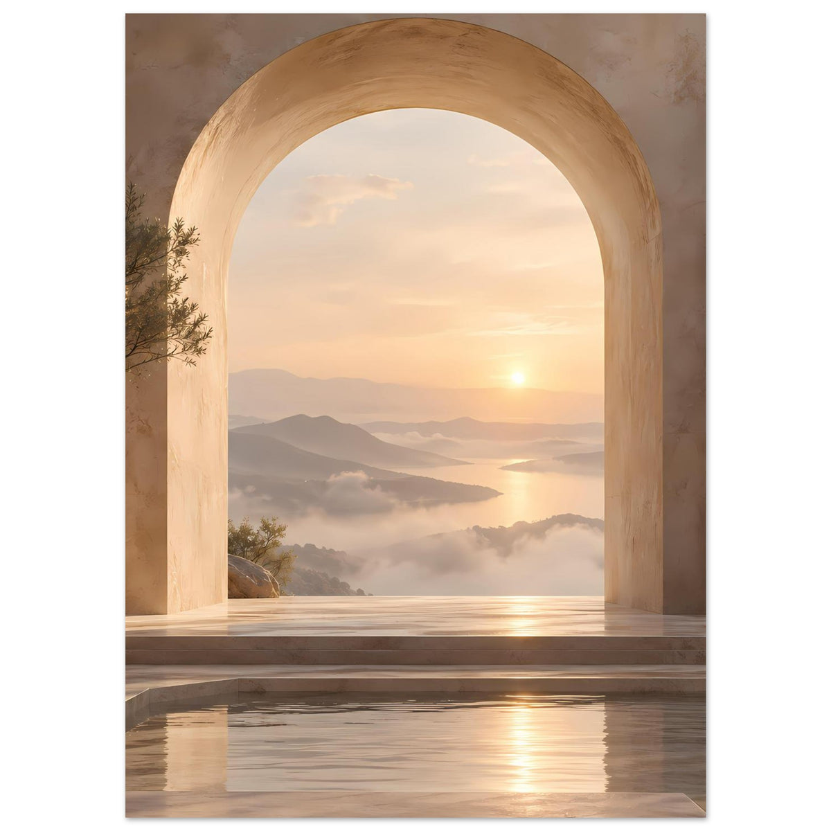 Poster mit Rundbogenöffnung und Sonnenuntergang, Berge, Nebel und goldenen Wasserreflexen