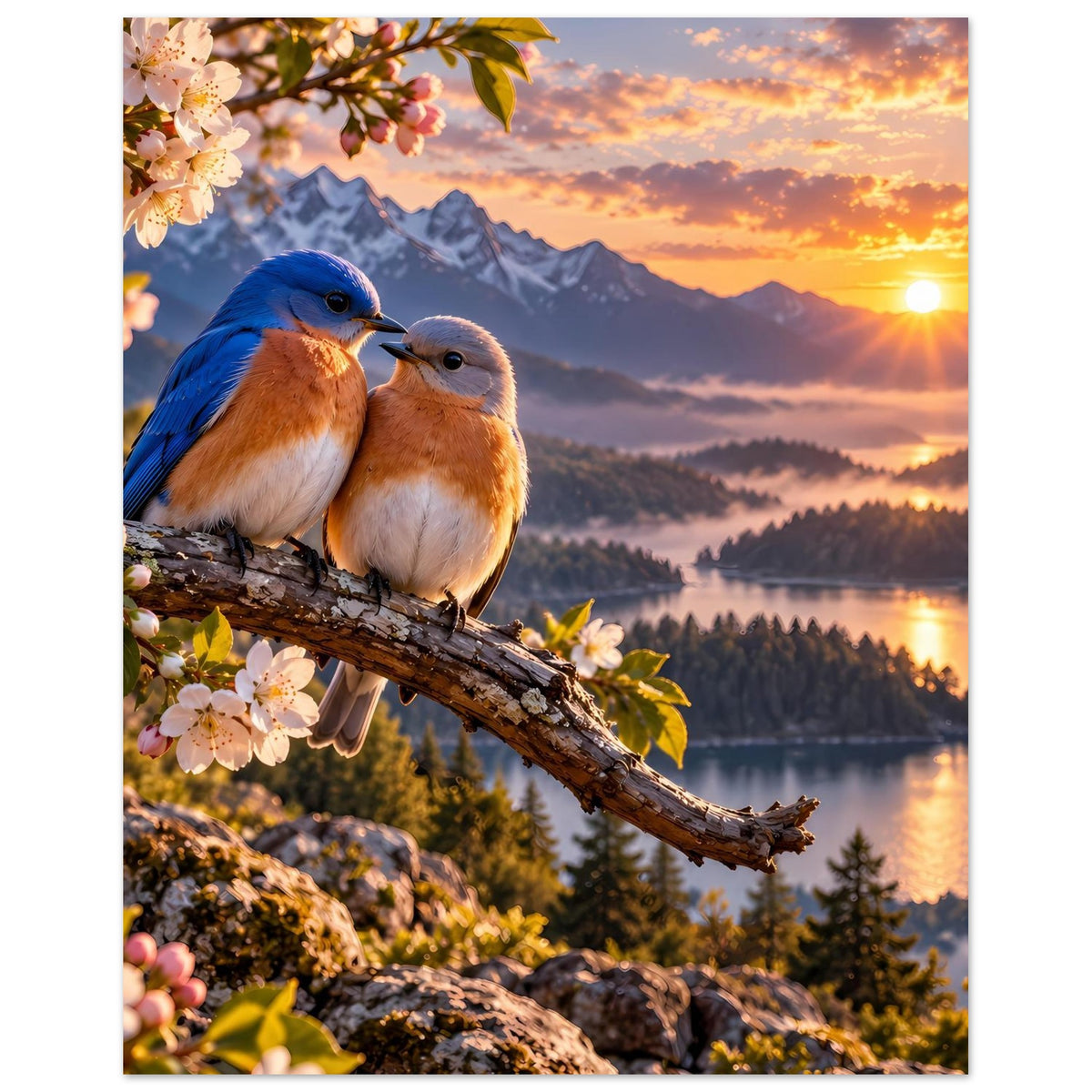 Poster im Hochformat: zwei Vögel auf Ast, rosa Blüten, Bergsee mit Sonnenuntergang
