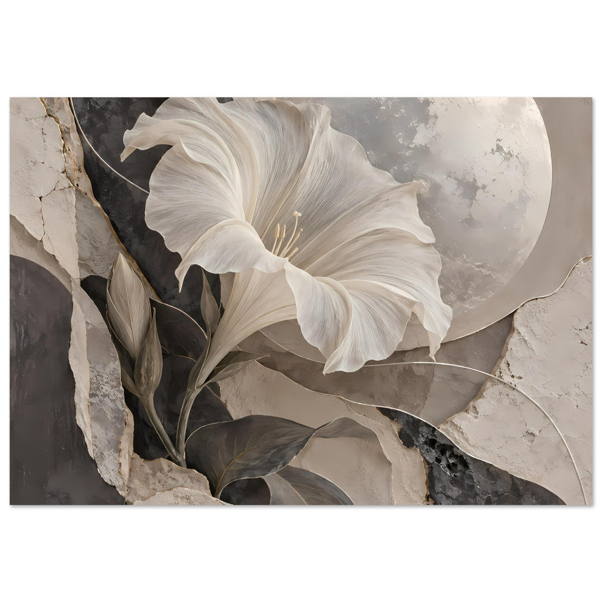 Kunstposter im Querformat mit weißen Lilienblüten, dunklen Blättern und Mondkreis