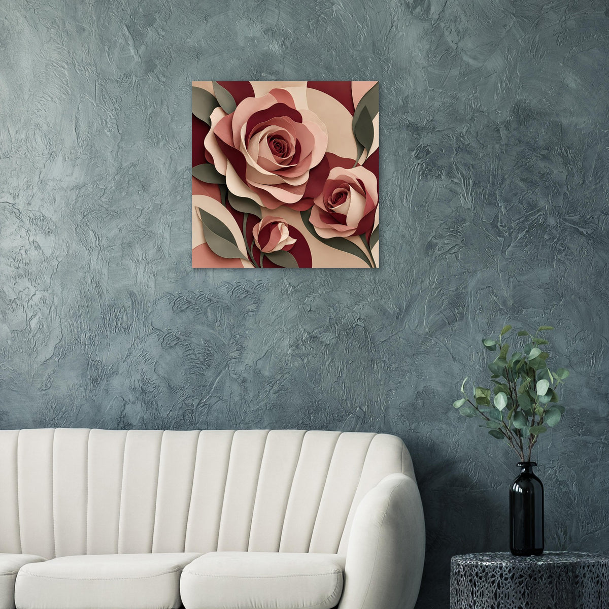 Florales Kunstposter mit Rosen in Burgunder und Rosé