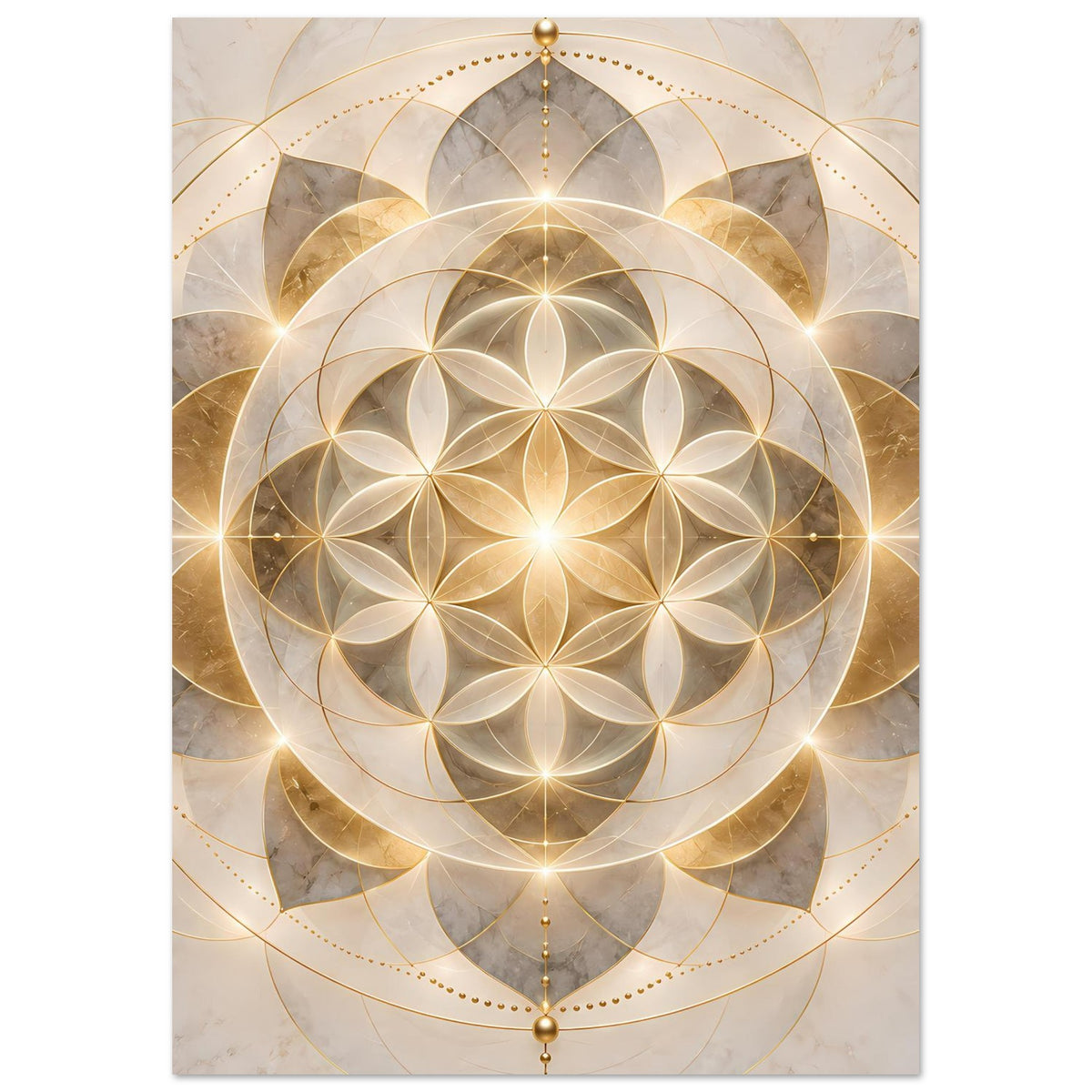 Goldenes Mandala-Poster mit zentraler Blume-in-die-Sonne-Optik und goldenen Konturlinien