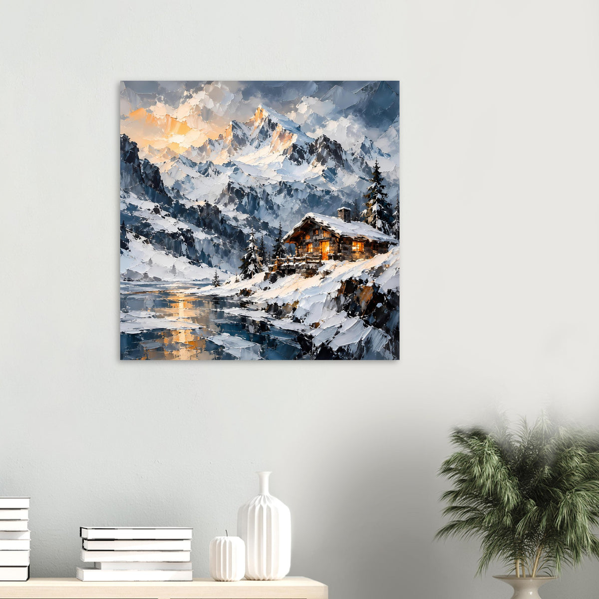 Winterlandschafts-Poster: verschneite Berglandschaft mit warm beleuchteter Hütte im Tal