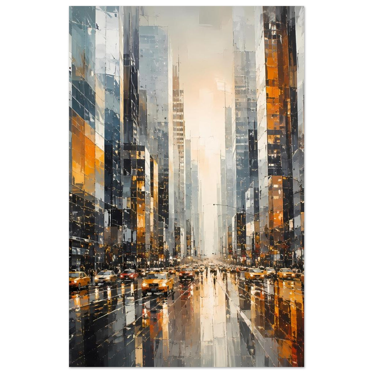 Vertikales Stadtposter: Hochhäuser, Großstadtstraße und gelbe Taxis, Lichtreflexe auf nassem Asphalt