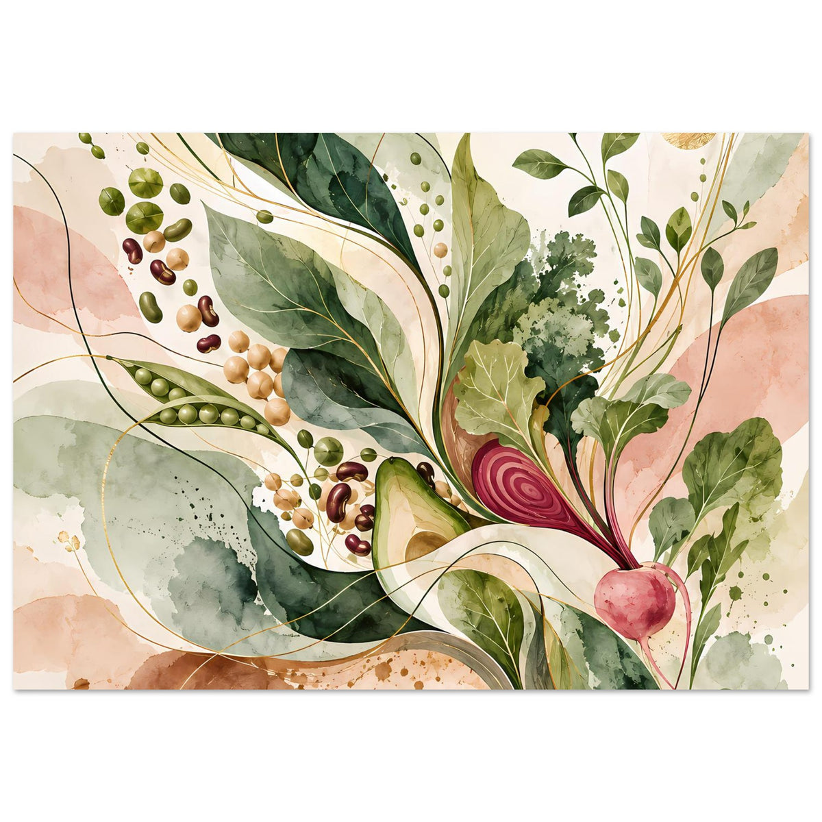 Botanisches Poster querformat mit grünen Blättern, goldenen Sprenkeln und roter Rübe