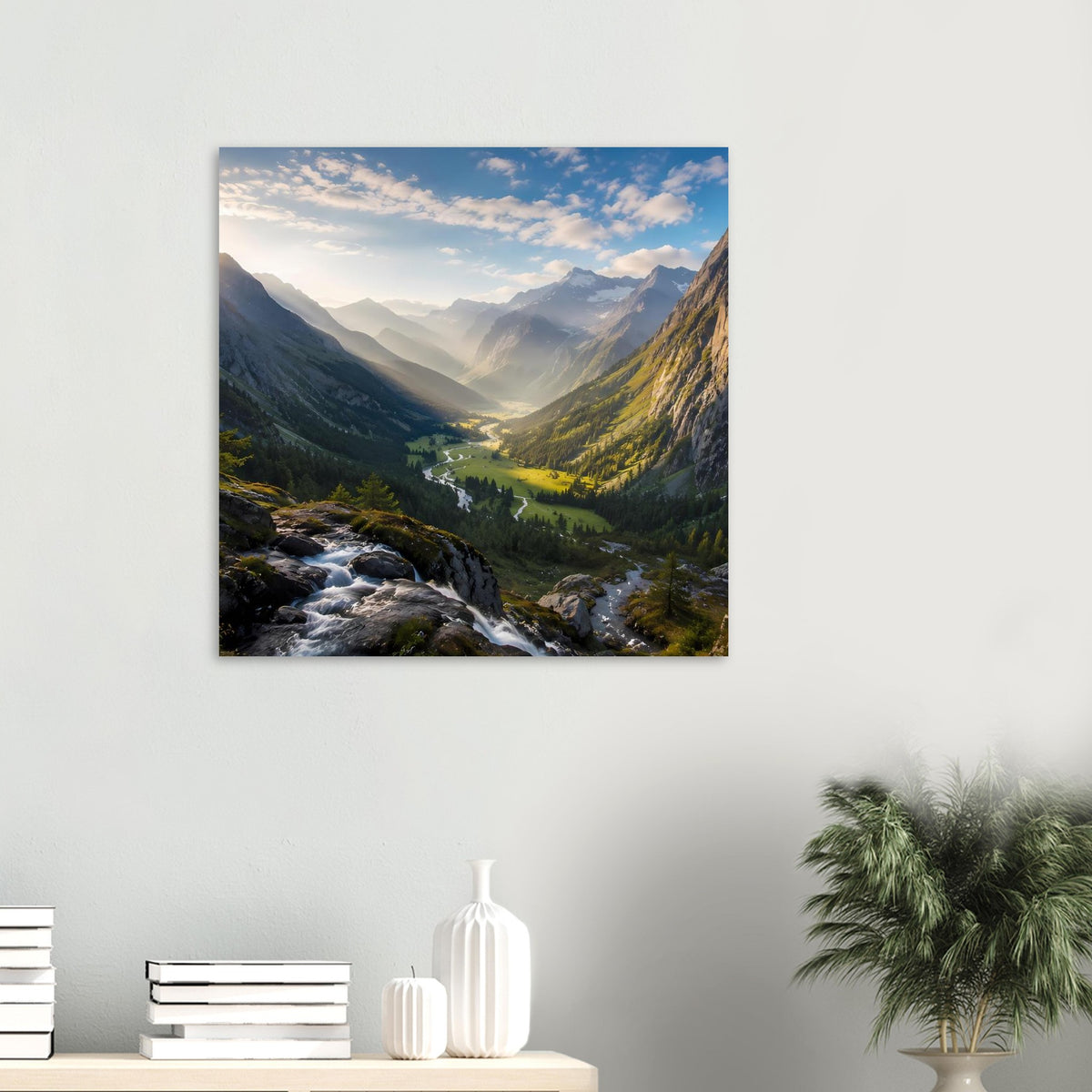 Gerahmtes quadratisches Landschafts-Poster: Bergtal mit Bach und Sonnenstrahlen