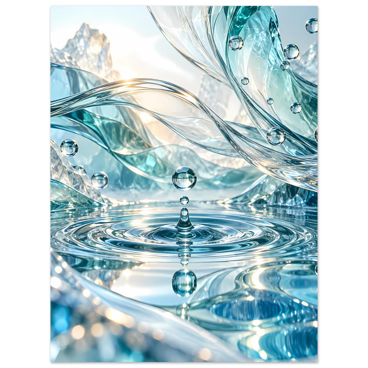 Poster mit Wasserlandschaft: türkisblaues Strömungsmuster und Tropfen, fokussierter Ausschnitt