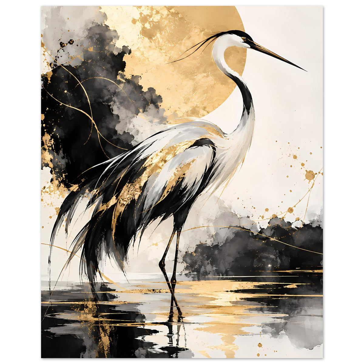 Vogelposter mit Kranich in Schwarz, Weiß und Gold; Ganzansicht des Tiers mit goldenen Punkten