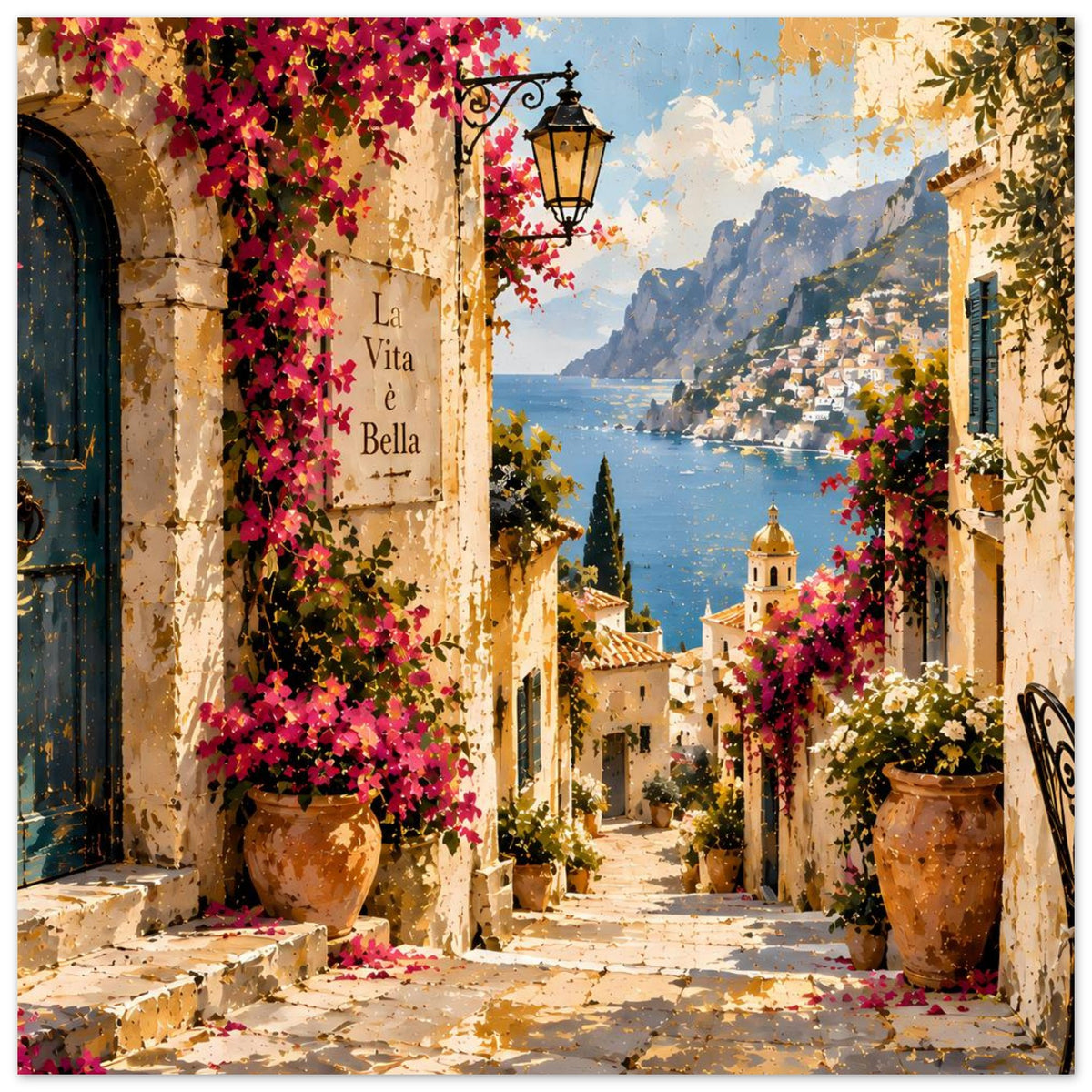 Poster mit mediterraner Gasse: Blüten am Balkon, Zierlaterne, Kirche im Tal