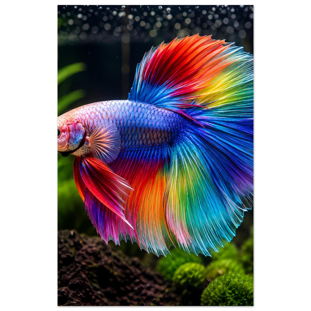 Poster im Hochformat mit Regenbogen-Bettafisch, farbige Flossen in Blau, Rot und Gelb.