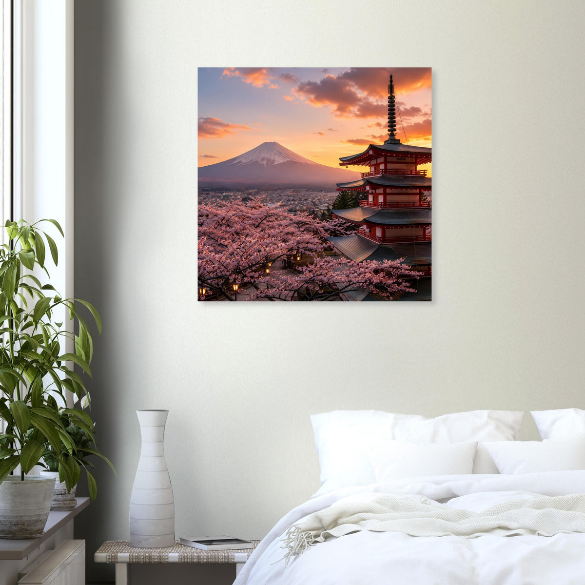 Wandposter im quadratischen Format mit Fuji, Pagode und Kirschblüten bei Abendrot