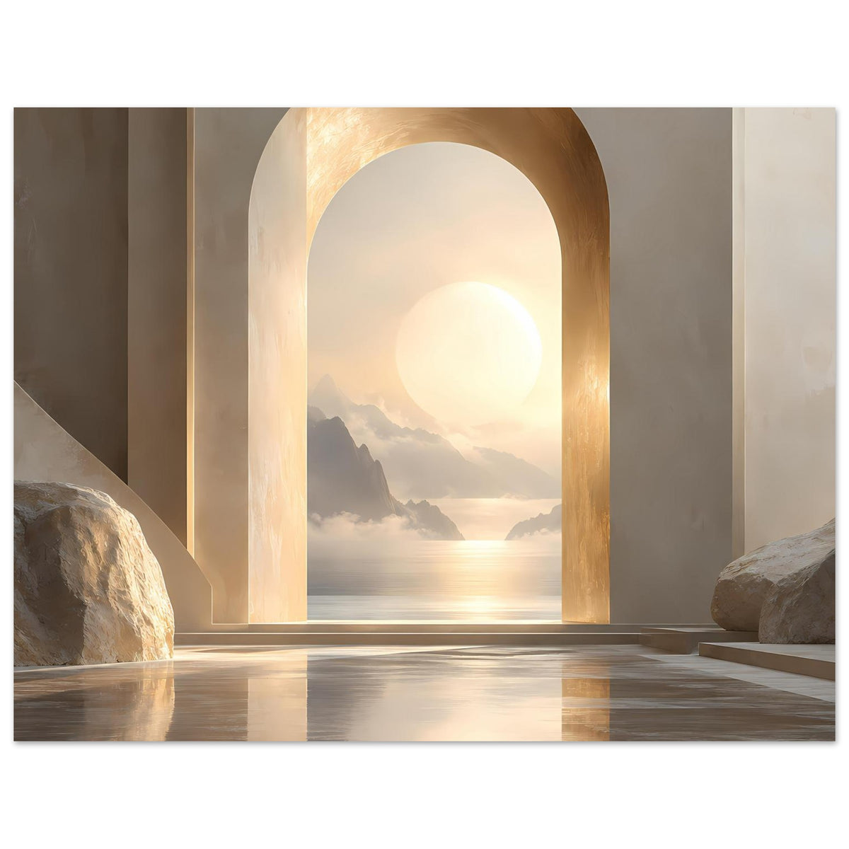 Wandposter: gold gerahmter Torbogen mit Sonnenaufgang über Wasser und Bergkonturen