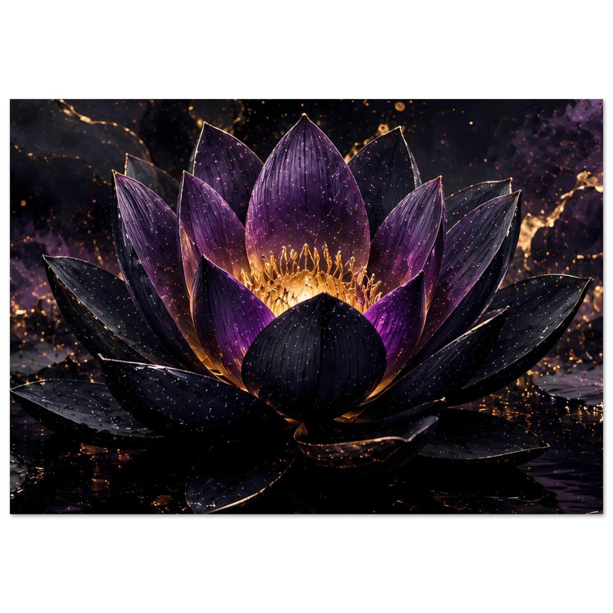 Lotusblüten-Poster mit zentraler violetter Lotusblüte und goldenen Lichtpunkten