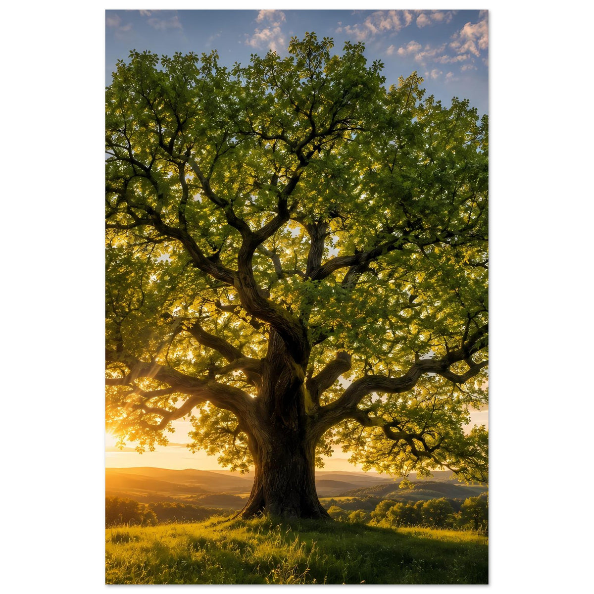 Baum-Poster mit weit ausladender Krone und goldenem Sonnenuntergang im Hintergrund