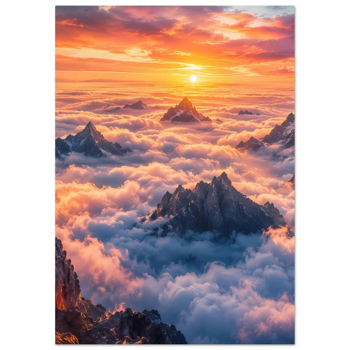 Poster im Hochformat mit Sonnenaufgang über Bergen und blau-orangefarbenem Himmel