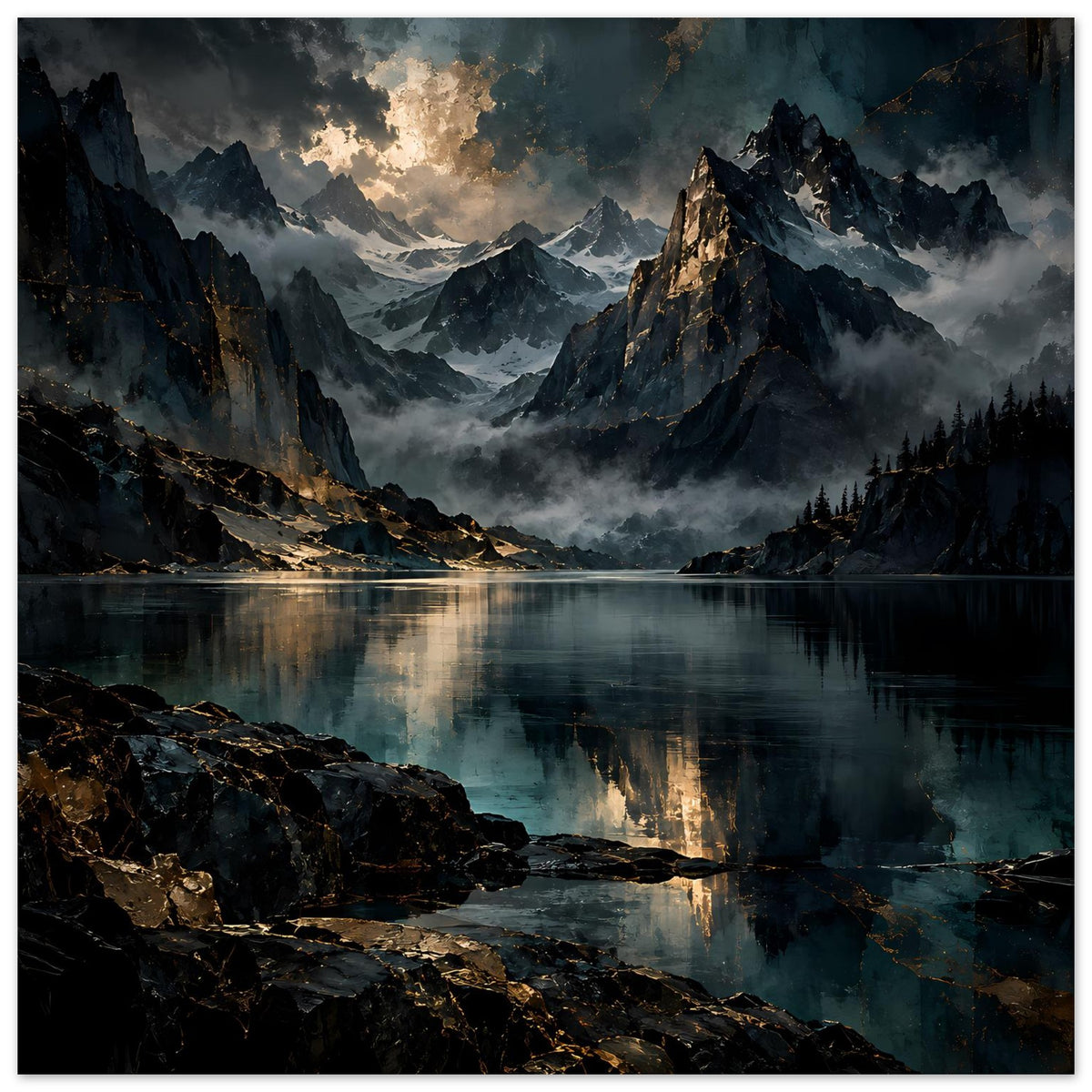 Poster mit Berglandschaft im Dämmerlicht, See und Felsen am Ufer, horizontal