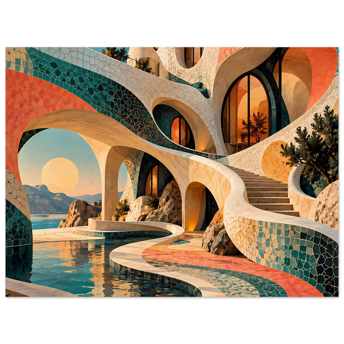 Kunstposter im Querformat mit türkis-korallenfarbenen Mosaikarkaden, Pool und Treppe