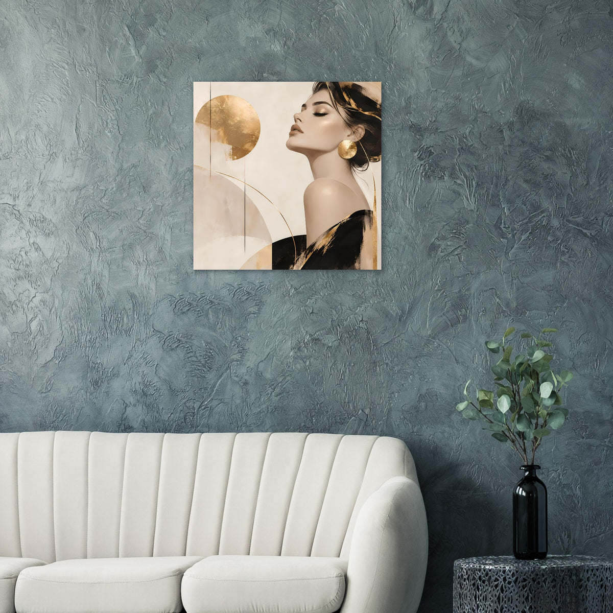 Quadratisches Wandposter: Porträt einer Frau im Profil, goldene Kreise