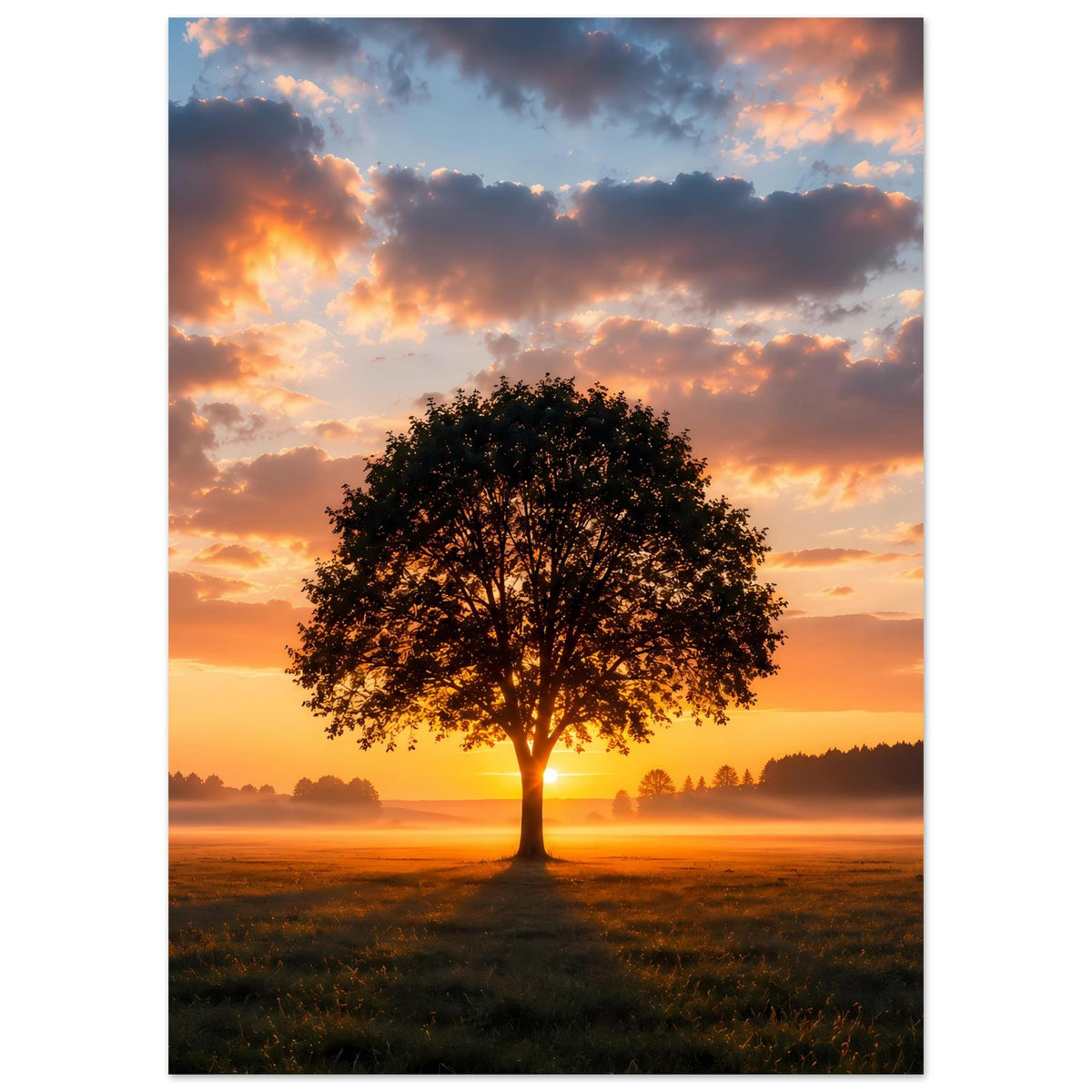 Vertikales Poster mit dunklem Baum im Vordergrund, orangefarbener Sonnenuntergang