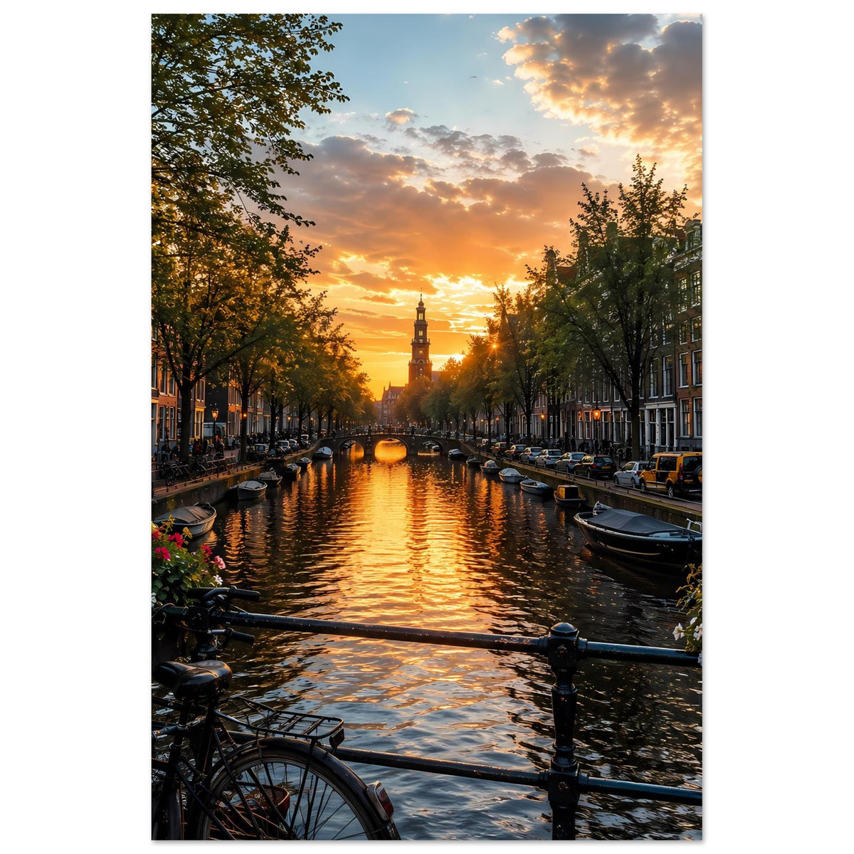 Vertikales Poster mit Blick auf den Amsterdamer Kanal bei Sonnenuntergang, Boote und Ufer