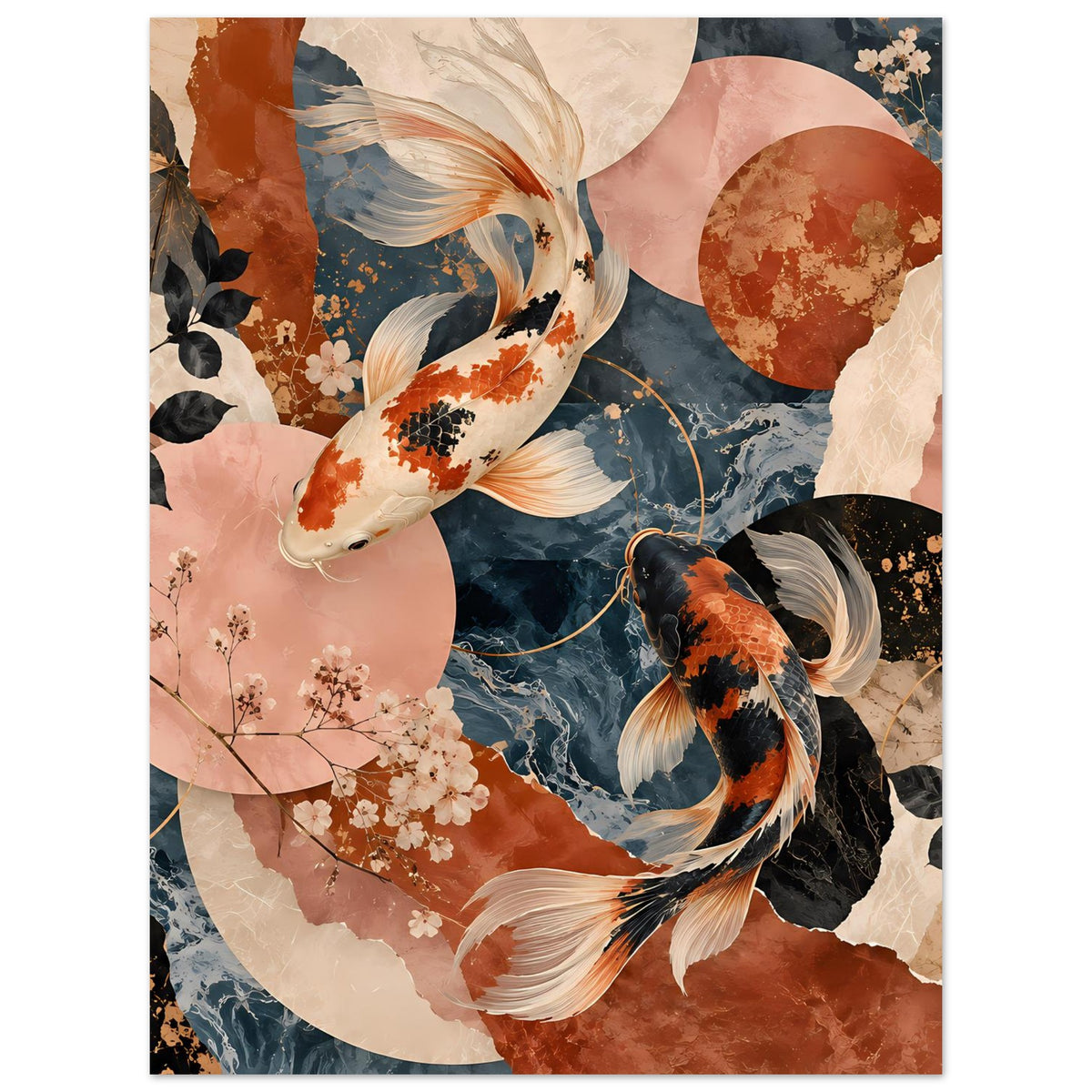 Poster mit Koi-Fischen, schwarz-orange-weiß, abstrakte Kreise und zarte Blüten im Motiv