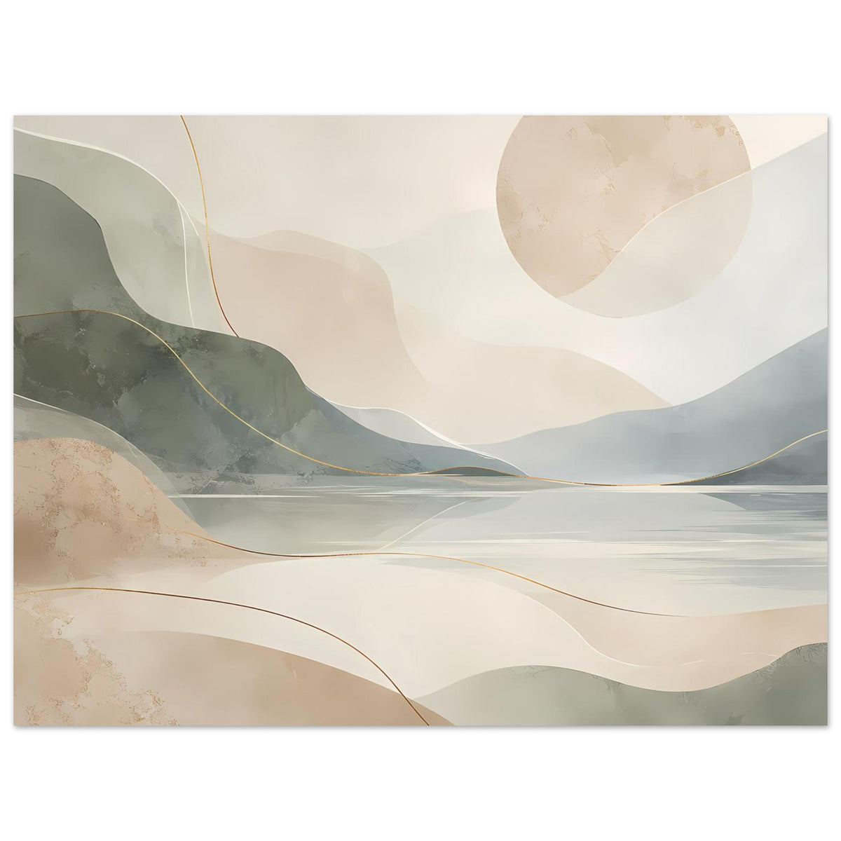 Abstraktes Poster im Querformat: Berg-See-Landschaft, Beige- und Blauschichten, goldene Linien