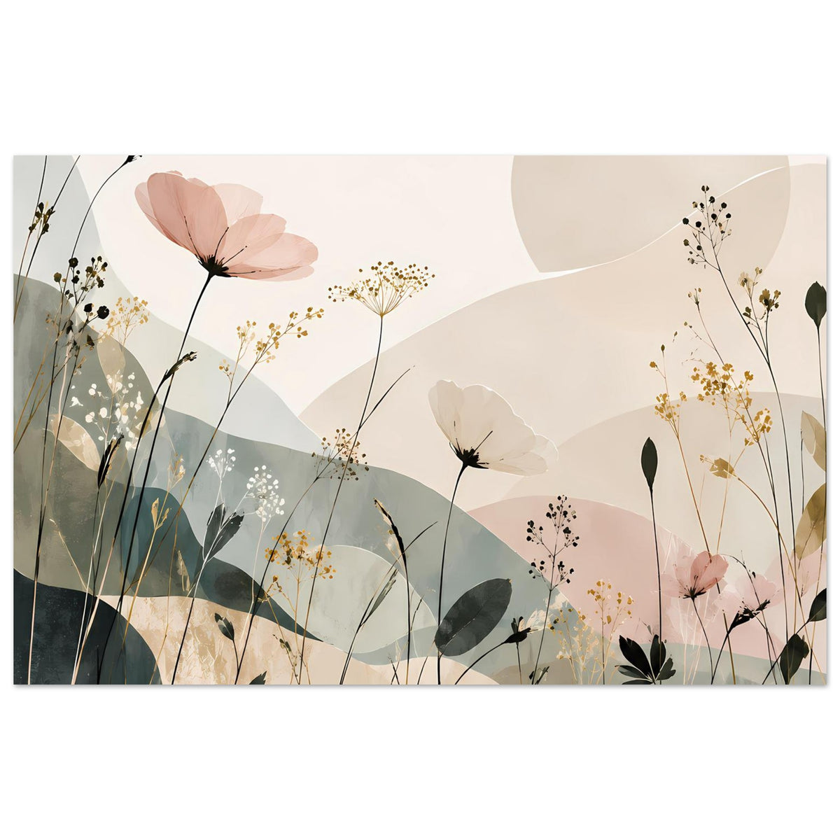Blumenposter im Querformat mit abstrakten Pastellblüten, Gräsern und zarten Konturen auf matter Fläche
