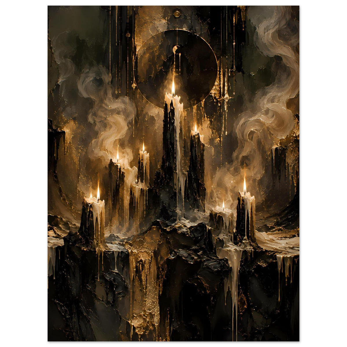 Fantasy-Poster mit Kerzen und züngelnden Flammen, Rauchfahnen und dunklen Goldtönen