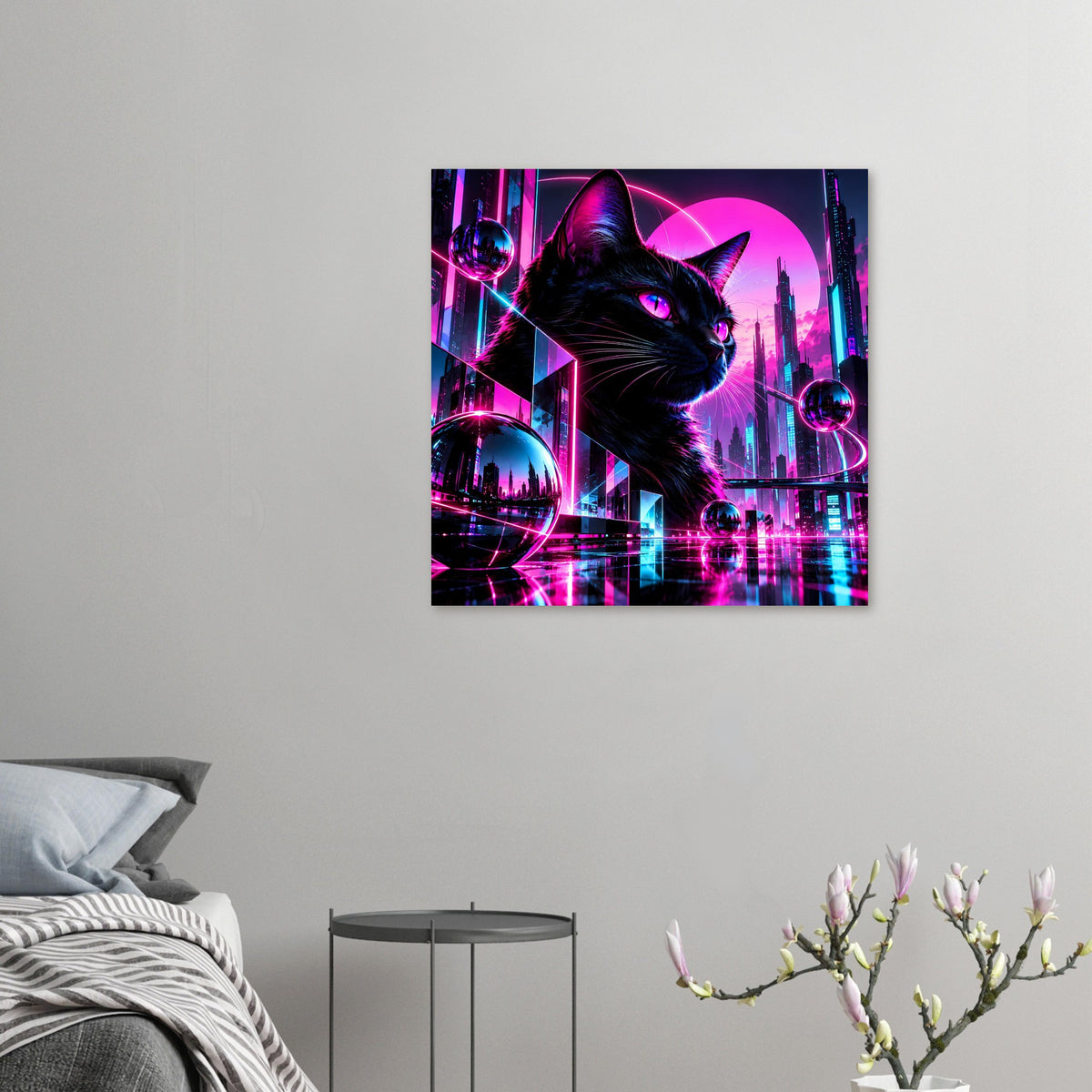 Quadratisches Poster mit schwarzer Katze, lila/pinker Cyberpunk-Architektur und Neonlichtern