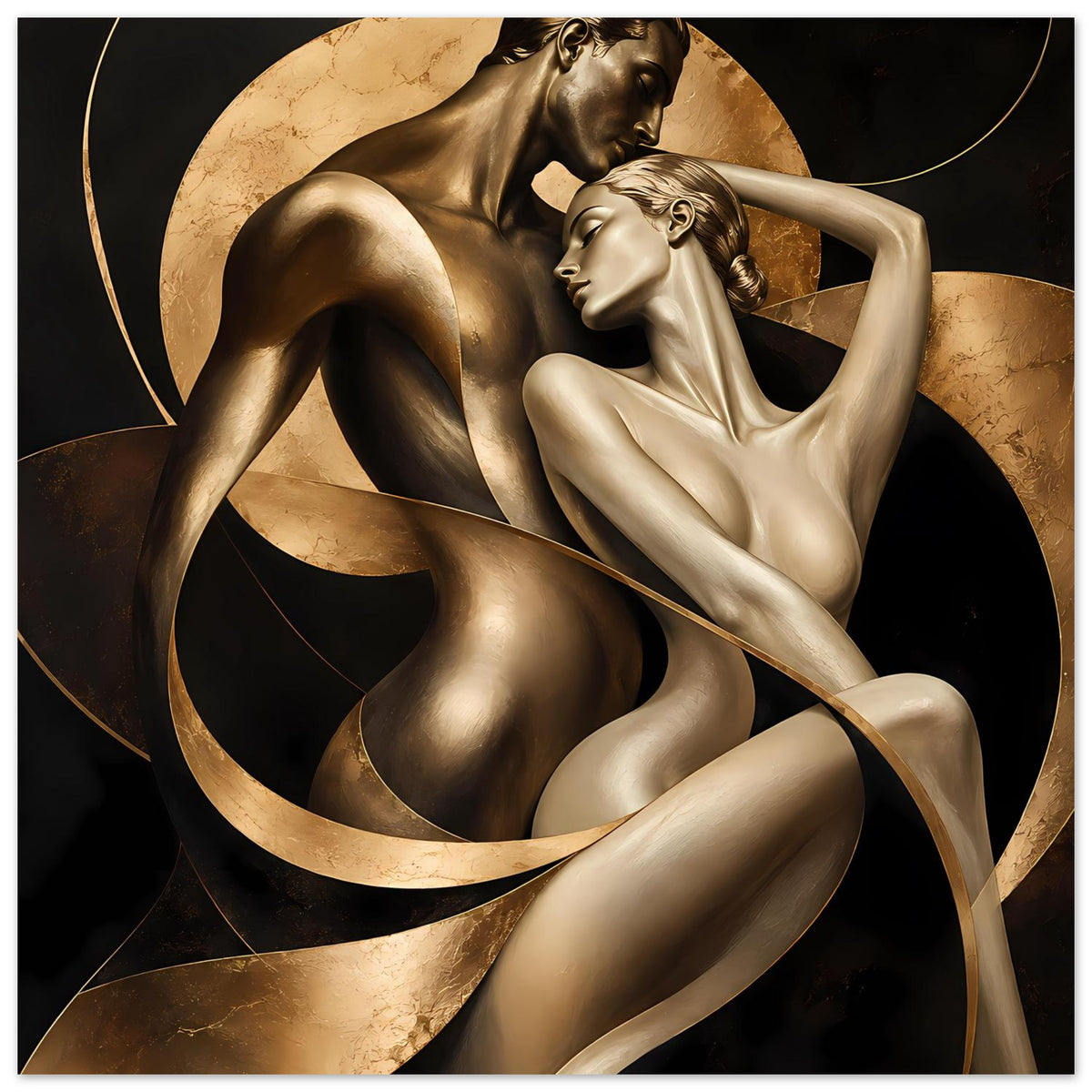 Kunstposter mit bronzefarbener Skulptur zweier Figuren, goldene Kreise und Ringe, schwarzer Rahmen