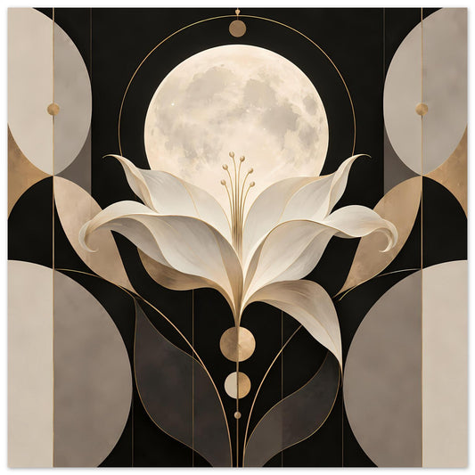 Art-déco-Poster mit cremefarbener Lilie vor Mond, goldenen Akzenten und dunklem Hintergrund