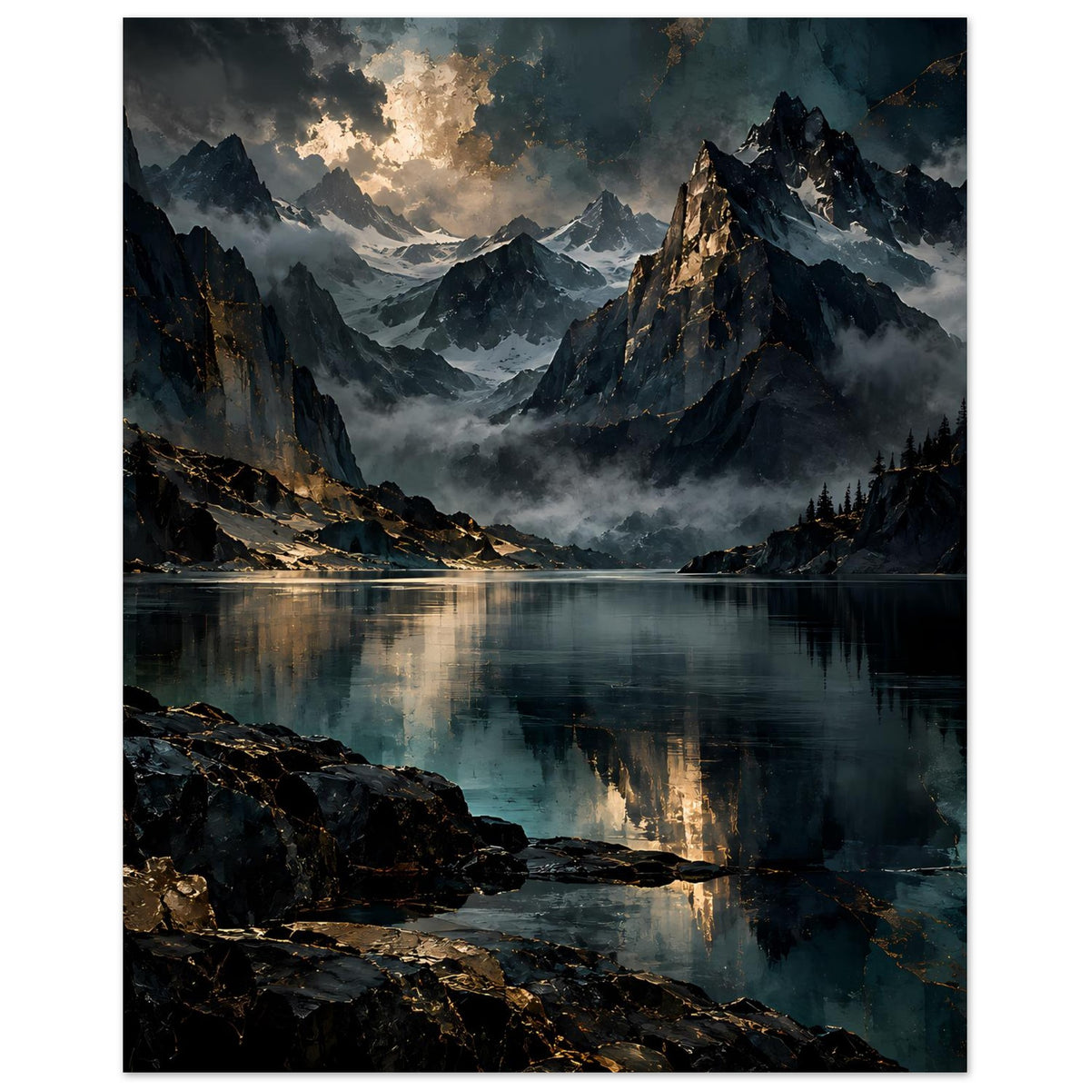 Vertikales Poster mit Bergsee, Nebel und zackigen Gipfeln bei Dämmerung