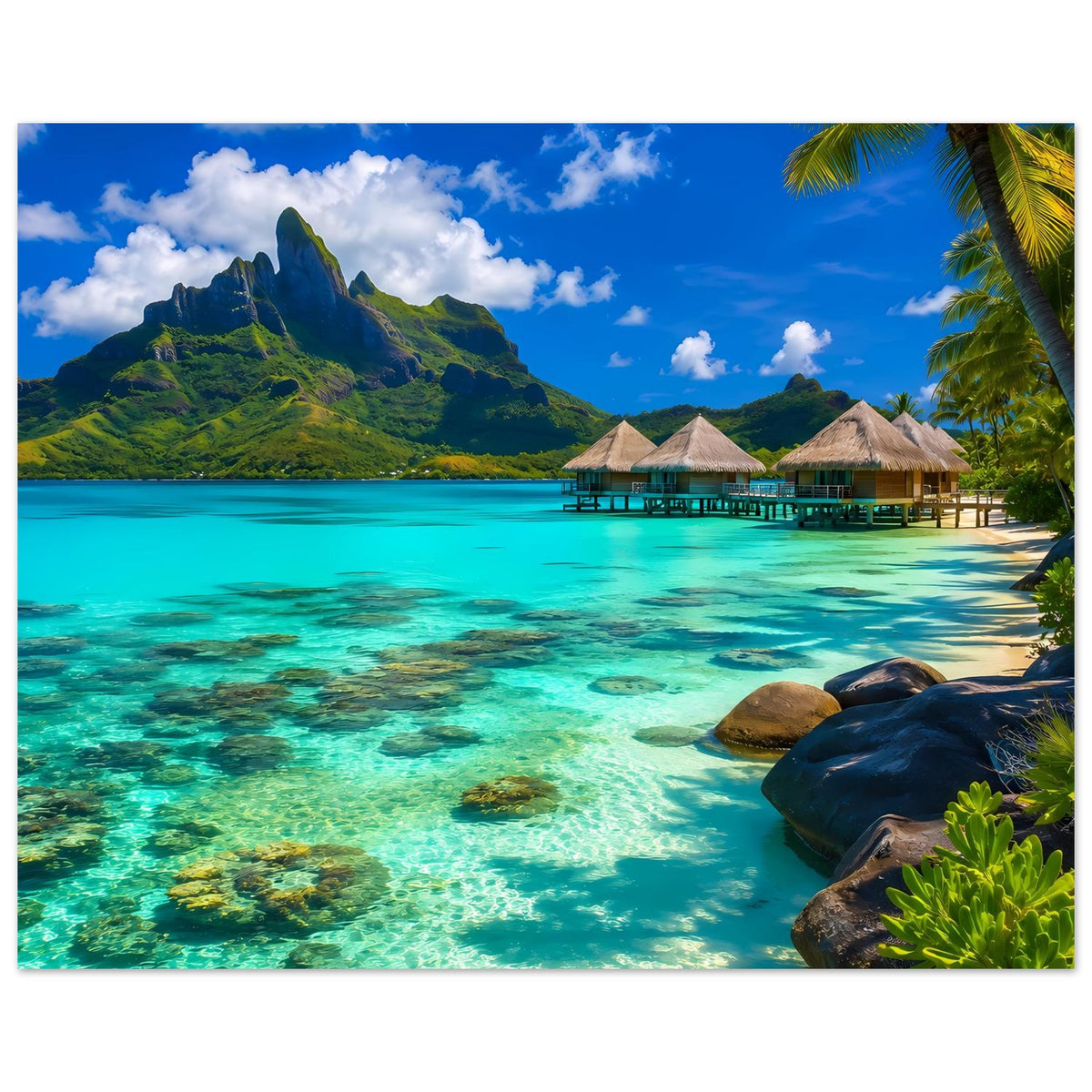 Tropisches Strandposter im Querformat mit türkisfarbenem Meer, Felsen und Palmen