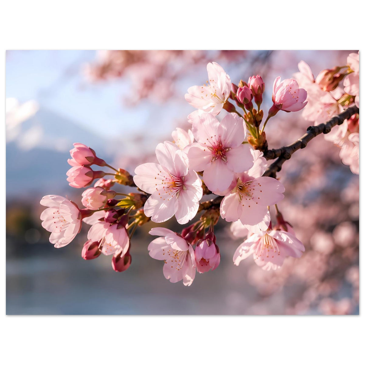 Sakura-Blütenposter mit rosa Blüten an dunklem Zweig, Querformat