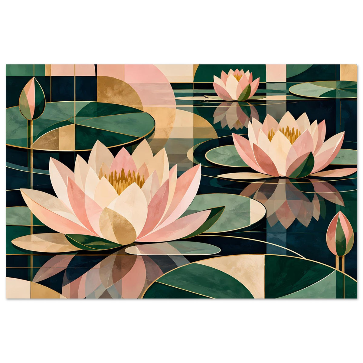 Lotus-Grafikposter horizontal, zentrale Seerose mit gelb-braunem Kern und grünen Blättern